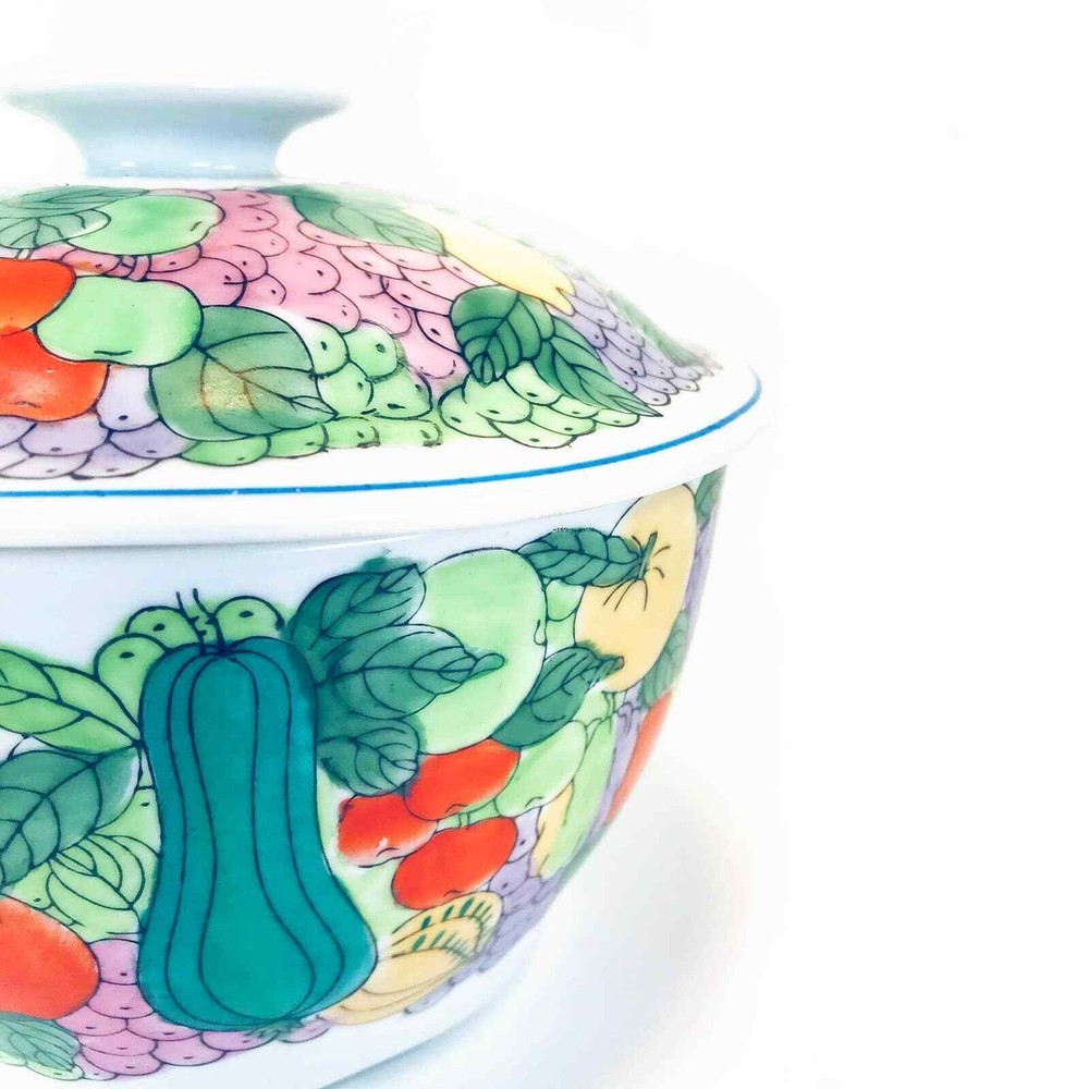 Vintage Chinoiserie Ceramic Hand Painted Covered Vegetable Bowl Casserole